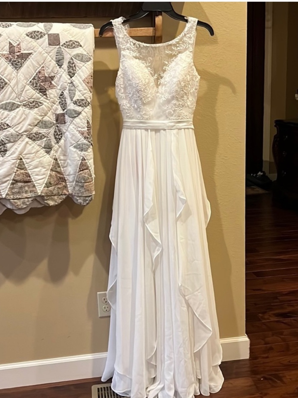 JJs House White Lace Bodice Chiffon Gown